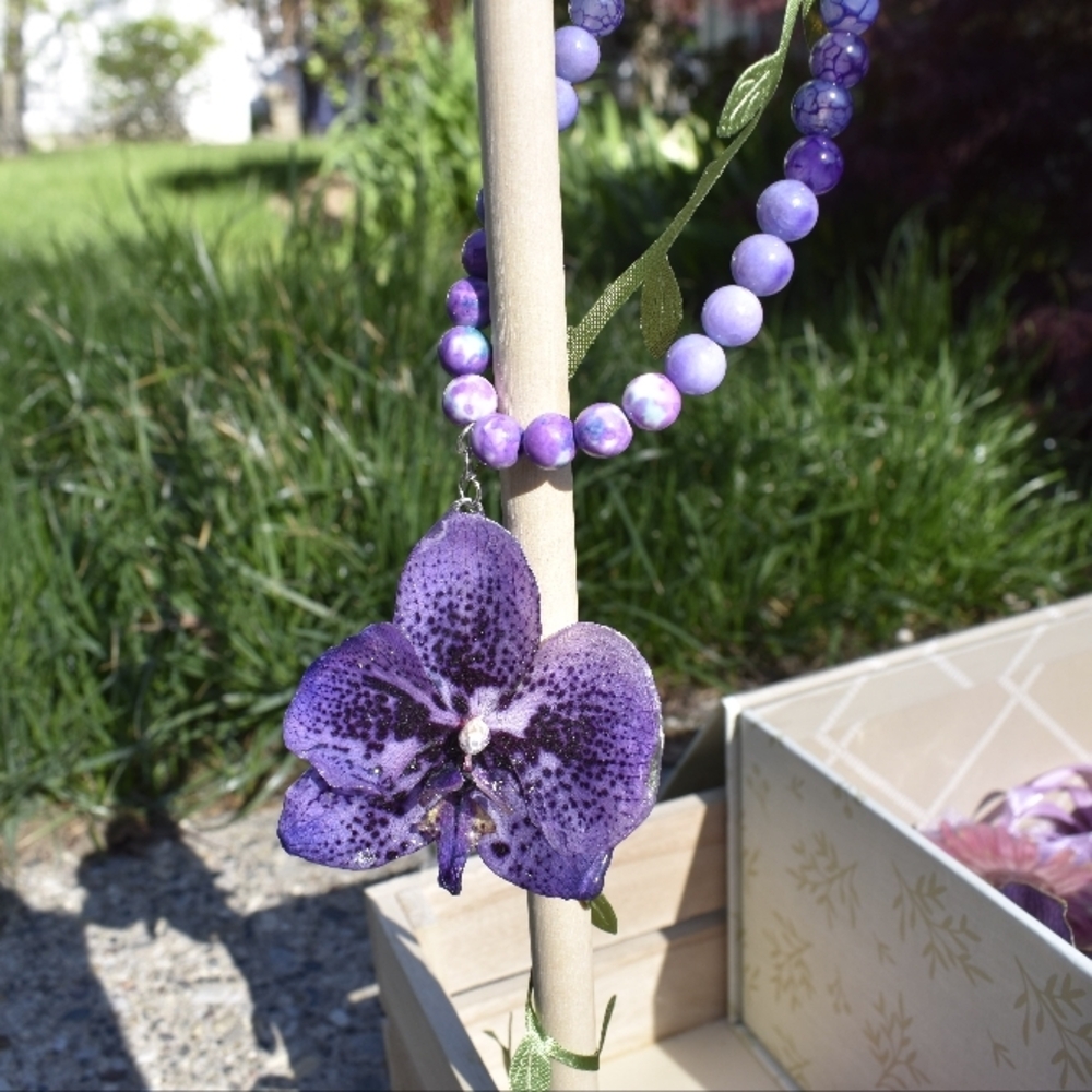 Purple Beaded Necklace with Orchid Pendant